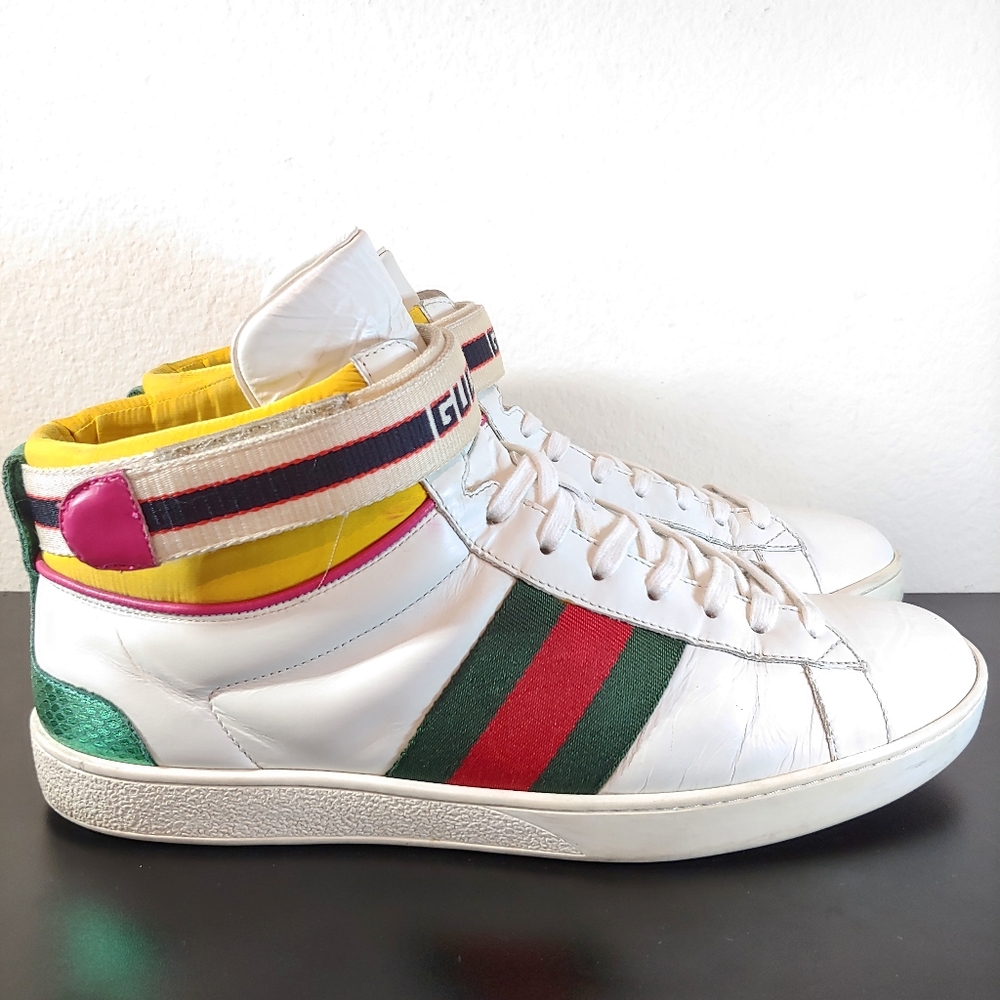 Gucci Signature Web stripe Ace high top leather sneaker US 10 White